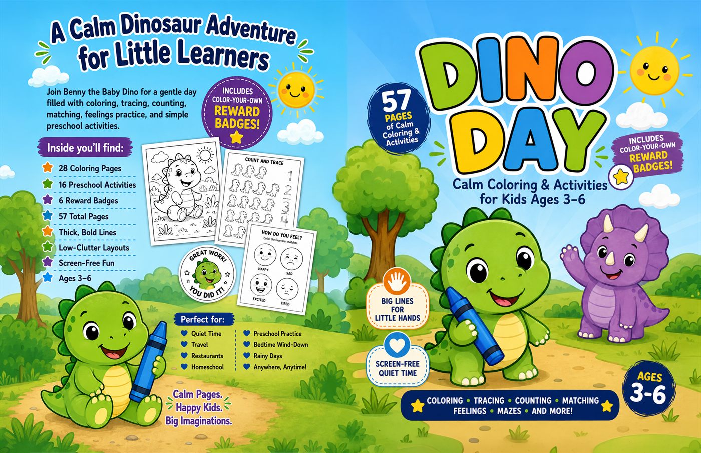 Dino Day: Calm Coloring & Activities for Kids Ages 3-6 full cover