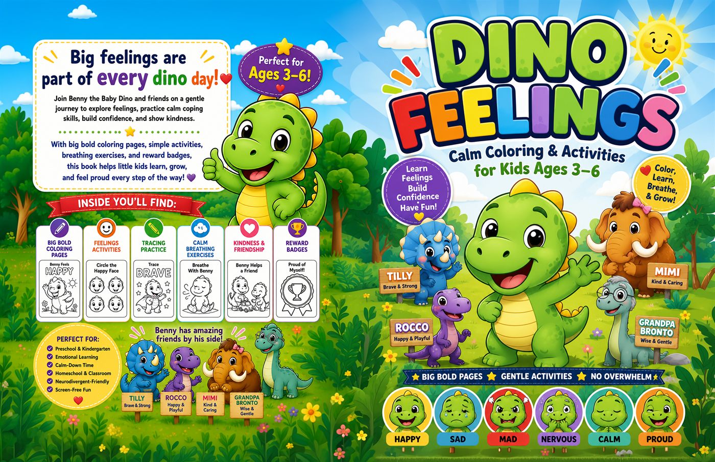 Dino Feelings: Calm Coloring & Activities for Kids Ages 3-6 full cover