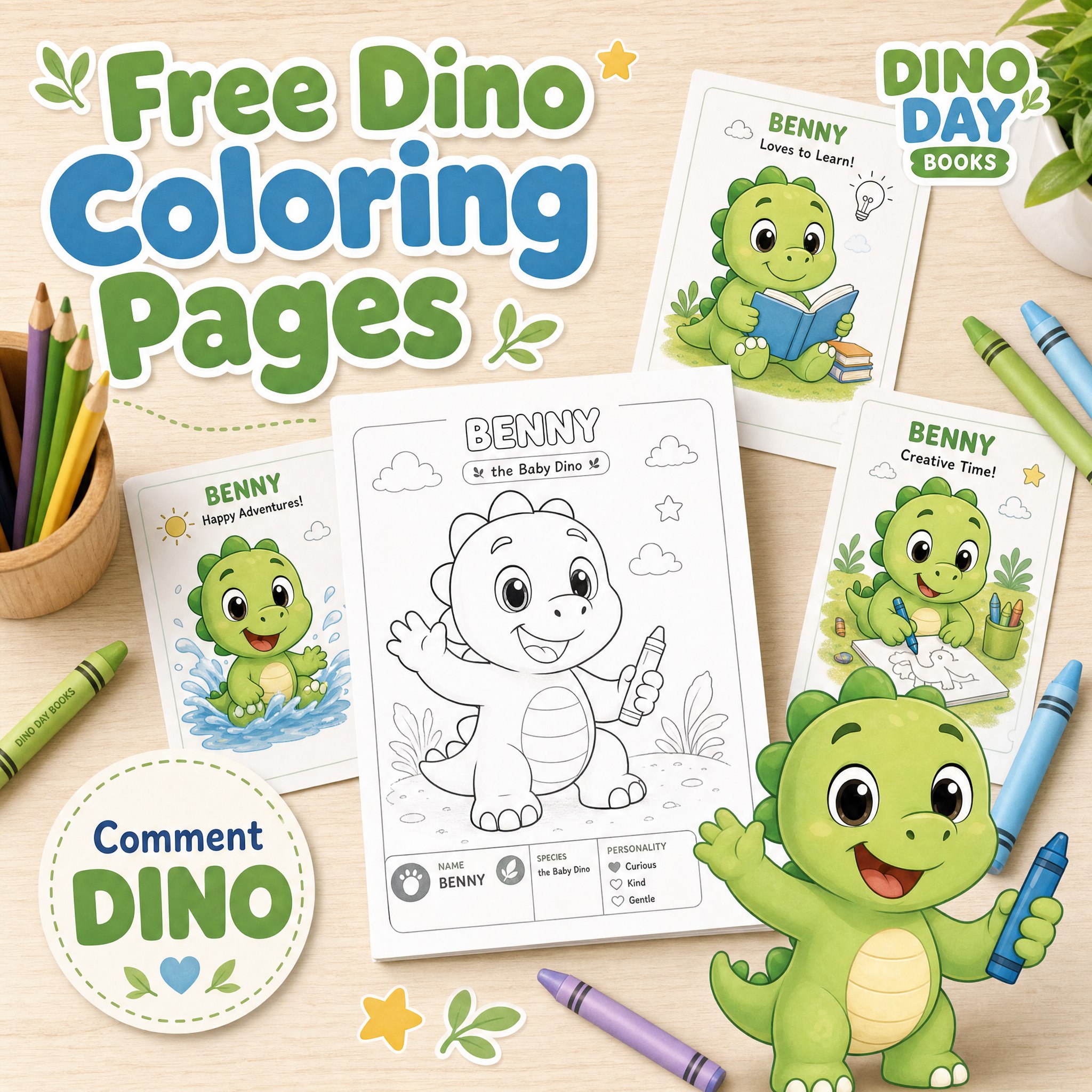 Free Dino coloring pages with Benny the Baby Dino and printable activity sheets